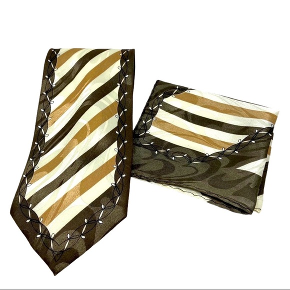 BLONDY Dark Grn Tan Cream Neck Tie w Pocket Square - Picture 1 of 6